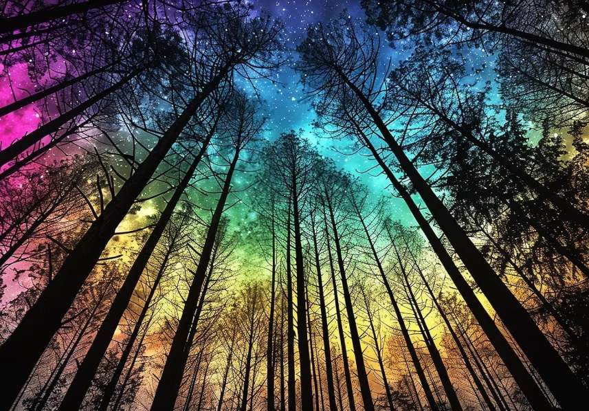 Jigsaw Puzzle 500/1000/1200/2000PCS Tall Pine Trees Silhouette Rainbow Starry Sky Forest View DIY Assembly Home Wall Decor