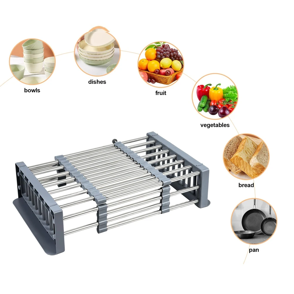 J1UL1N Dish Drainer Expandable Kitchen Sink Bowl Basket Dish Filter Multifunctional Kitchen Sink Dish Rack