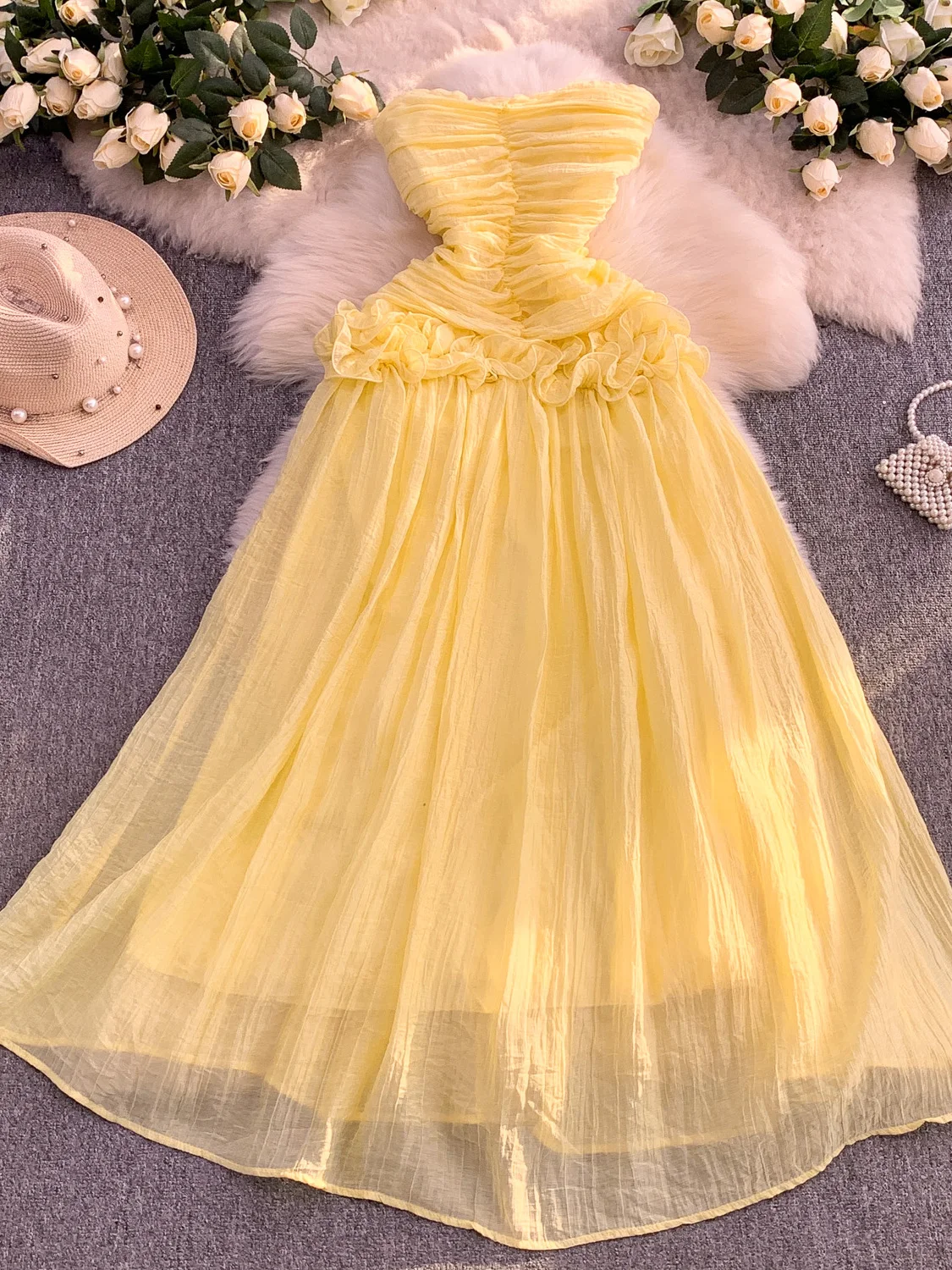 Ele Floral 3D Emed Tube Dr Abito da donna a pieghe in vita elastica che dimagrisce maxi gonna da fata abito a trapezio