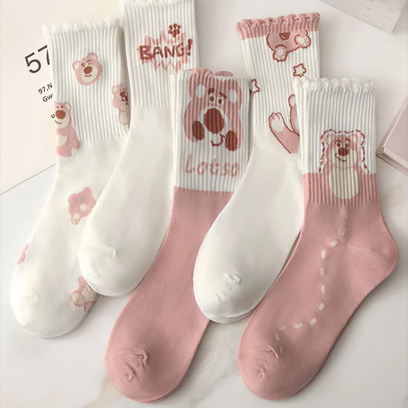 7 pairs Disney Lotso socks,cute pink strawberry bear socks ，teenager fashion cotton socks