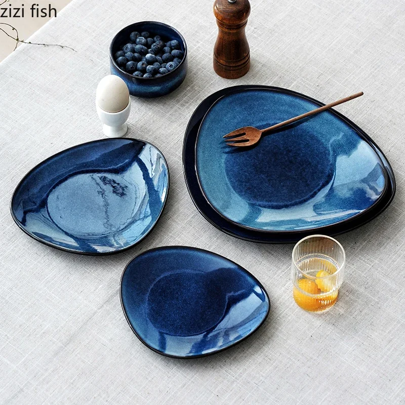 Kiln Changes Triangle Shallow Plate Ceramic Tableware Steak Plate Salad Plate Dessert Dish Dim Sum Dish Japanese Tableware