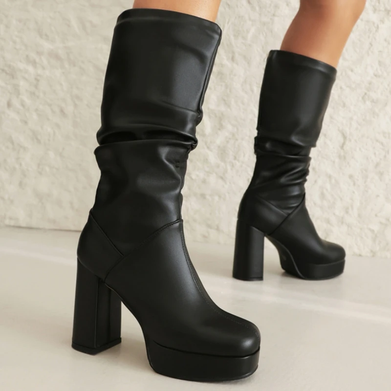 

Winter Knee High Boot Platform Black PU Women's High Boots Sexy Block High Heels Fashion Long Party Footwear Shoes Female