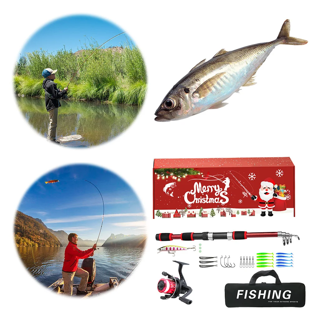 釣り竿セット-フルキット-伸縮式釣り竿とリールコンボ-人工餌-フック-トラベルポールセット-男性へのクリスマスプレゼント