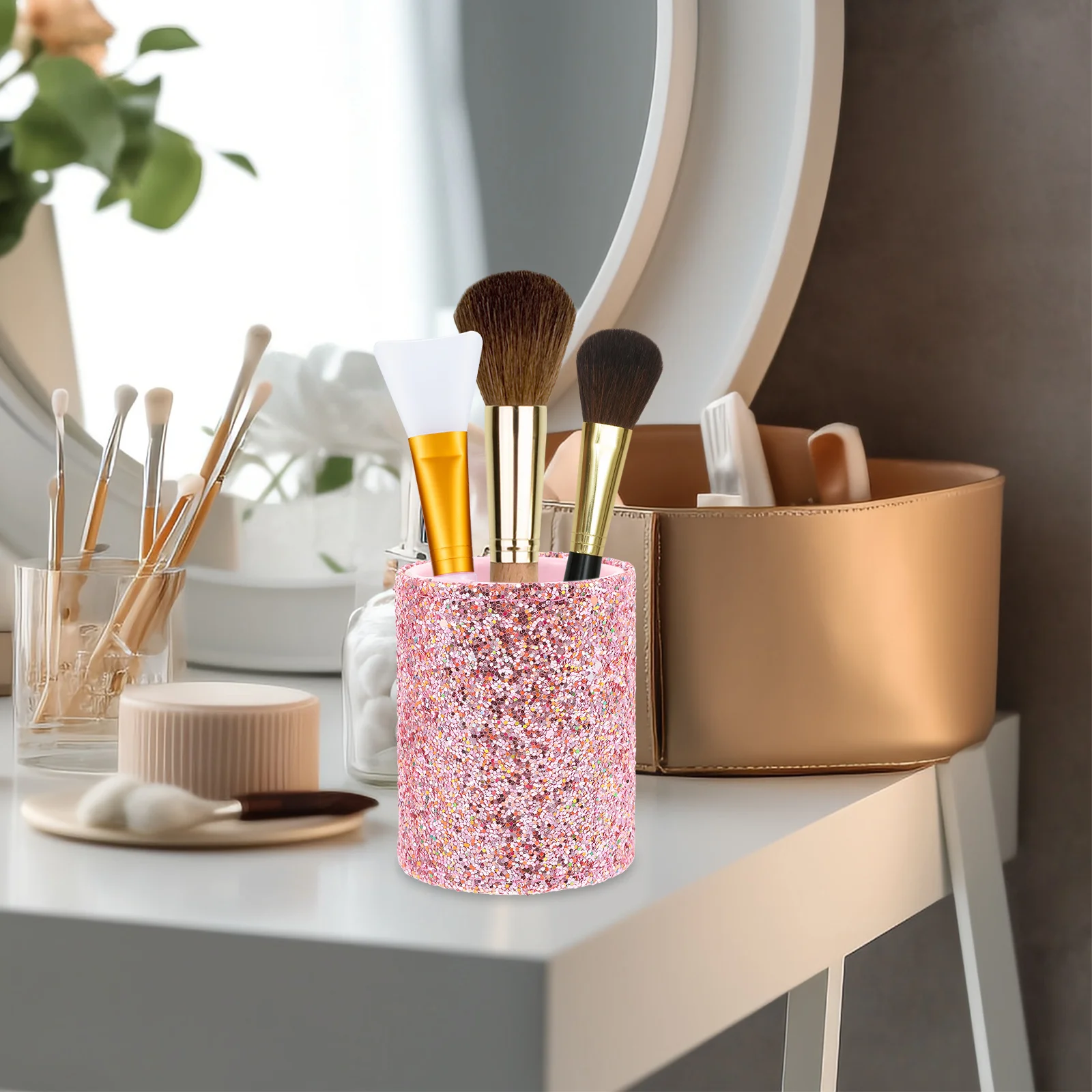 حامل تخزين فرش المكياج الصغيرة المحمولة، منظم لفرشاة المكياج اللامعة لطاولة تزيين الحمام #2