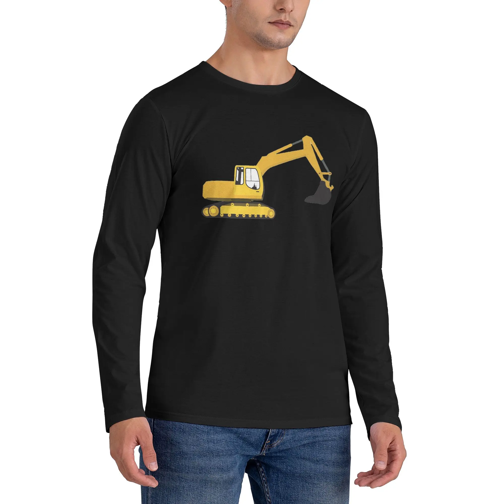 

Excavator Construction Truck Men's Long Sleeved T-shirt Casual Round Neck T shirts Spring and Autumn Men tops