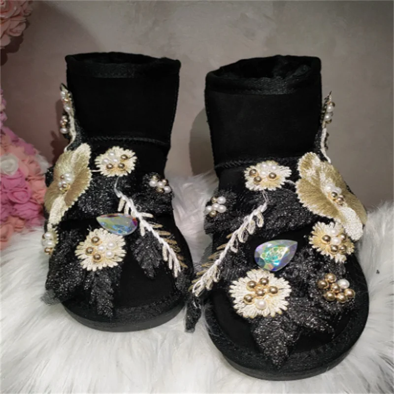 Hand-embroidered floral beaded white snow boots Custom fur One Black banquet wedding party plus-size women's cotton shoes 35-44