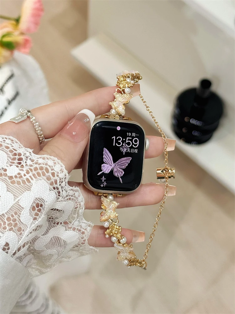 Compatible with iWatch strap 38mm 40mm 41mm 42mm 44mm 45mm 49mm gold butterfly chain fashionable strap
