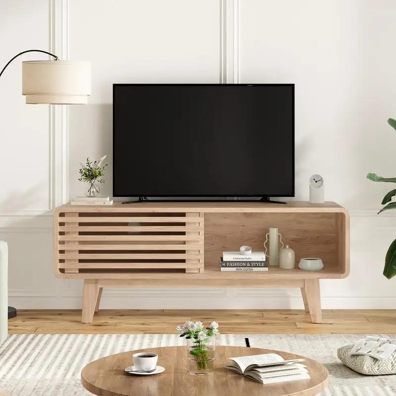 Mid-Century Modern TV Stand for Up to 59" TV, Storage Cabinet with Sliding Door, 46" Console Table for Living Room & Bedroom,