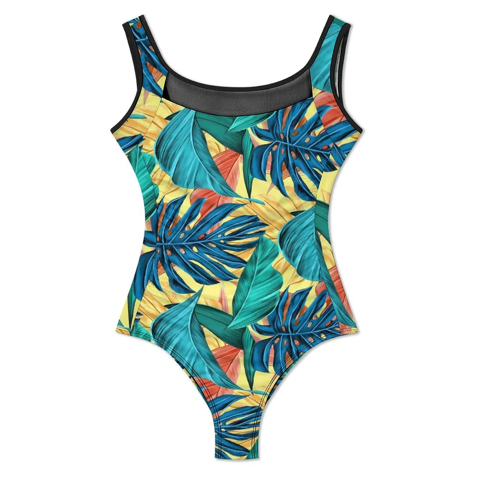 Tropical Leaf Swimsuit Sexy Lemon Yellow One Piece Swimwear Push Up Bodysuit Modern Holiday Rave Bathing Suit