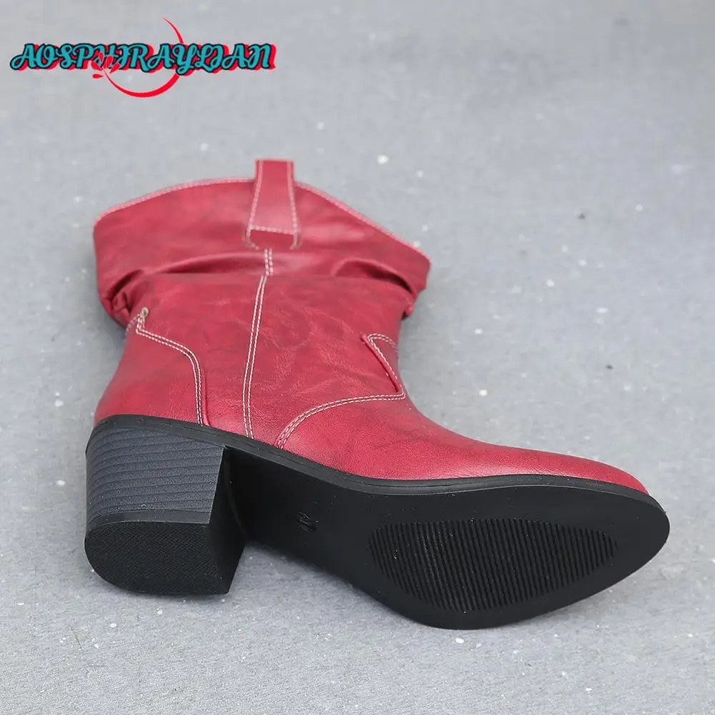 Brand New Ladies Round Toe Cowboy Boots Fashion Slip-on Solid Chunky Heels women's Cowgirl Boots Casual Vintage Shoes Woman