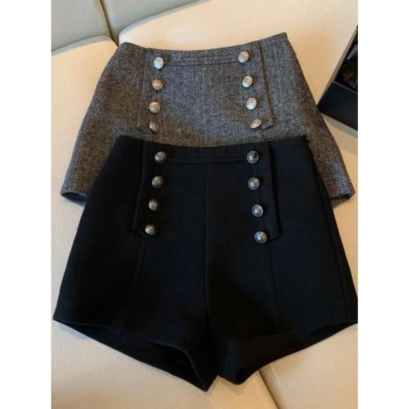 شورت نسائي عتيق من الصوف المتعرج عالي الخصر على شكل حرف a للتخسيس مزدوج الصدر خارج جودة عالية مستوى المظهر العالي #2