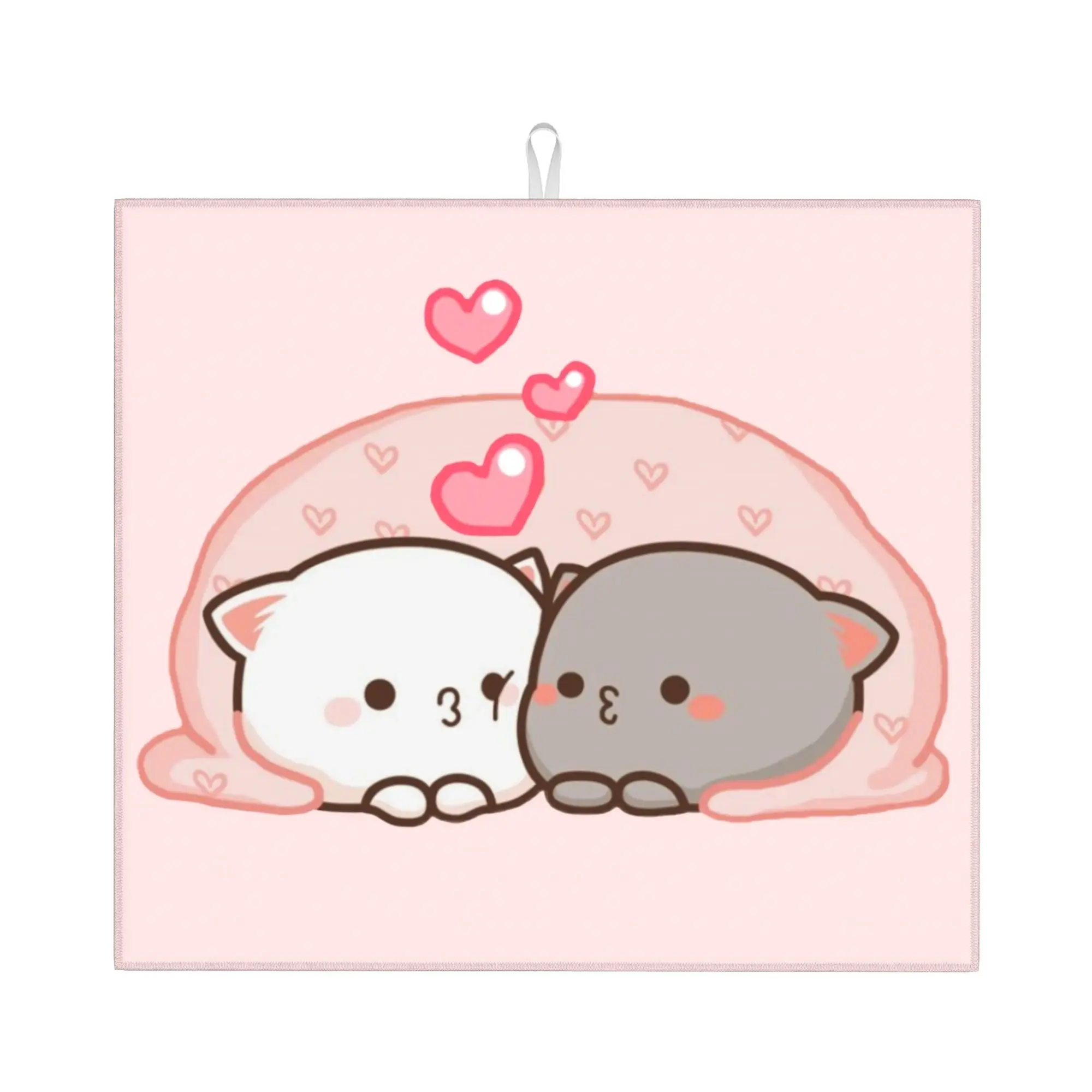 Cute Mochi Cat Peach And Goma Love Kiss Non‑Slip Waterproof Absorbent Barware Tableware Oil Proof Drying Mat For Kitchen