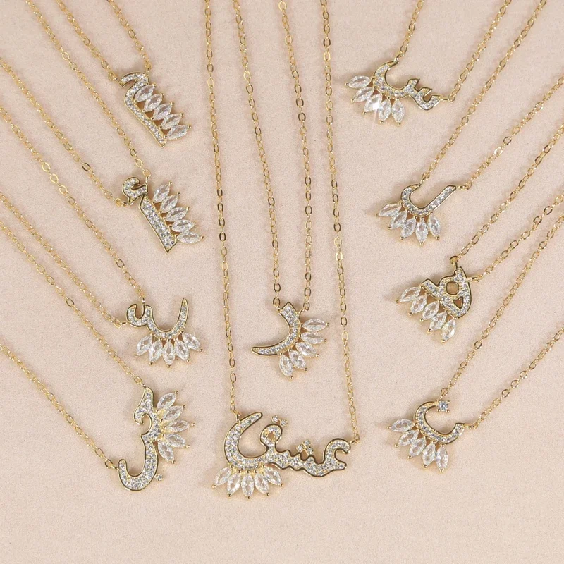 Total 31 Different Shape Arabic Letter Pendant Necklaces for Women Paved Green White Cz and Turquoise Gold Color Fashion Jewelry