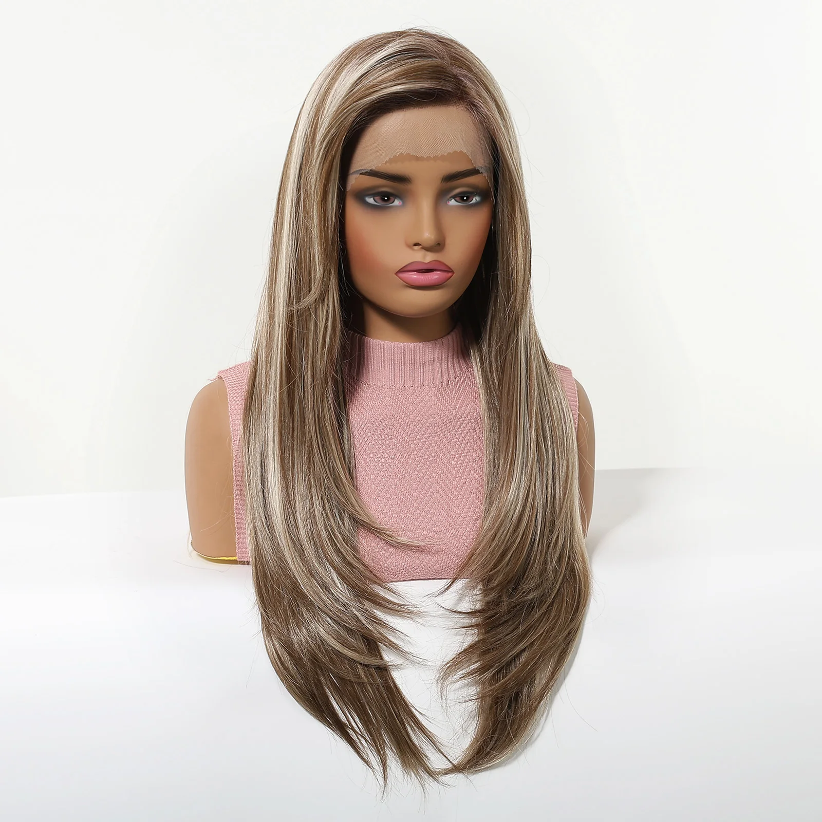 Light Brown Blonde Highlight Long Straight Wig Silky Smooth Natural Layered Heat Resistant Synthetic Hair for Women Daily Party