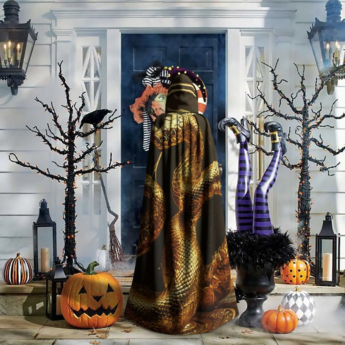 الذهب مخيف الأفعى طويلة مقنعين عباءة الساحرة القرون الوسطى زي تأثيري كيب هالوين مصاص دماء الكبار للجنسين