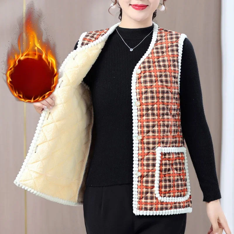 Middle Age Women Winter Prairie Chic Plus Fleece Thicken Printing V-neck Sleeveless Comfortable Thermal Casual Bottom Layer Vest