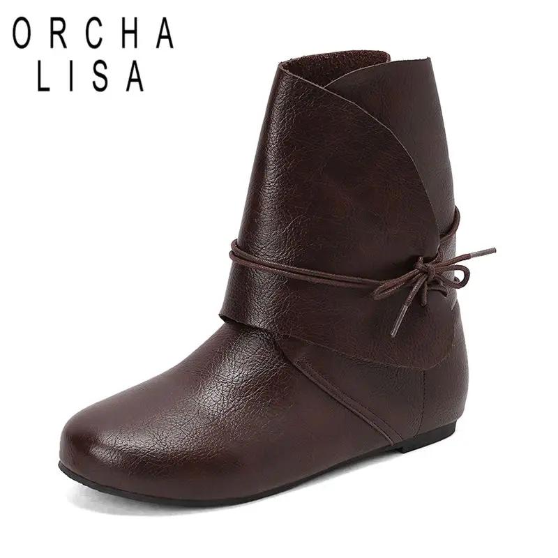 

ORCHA LISA 2025 Винтажные женские ботинки с круглым носком на плоской подошве без шнуровки, большой размер 46 47 48 Мягкие повседневные женские ботинки до середины икры