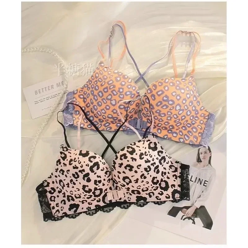 Kalapaopao Leopard Print Bra Gather Push Up Bra Front Closure Bras Patterned Bra Thin At The Top and Thick At The Bottom