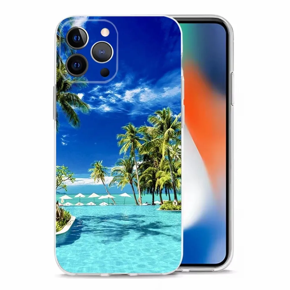 Sea Tropical Palm Trees Beach Phone Case For iPhone 15,14,13,12,11 Plus,Pro,Max,XR,XS,X,7,8 Plus,SE,Mini Transparent Shell