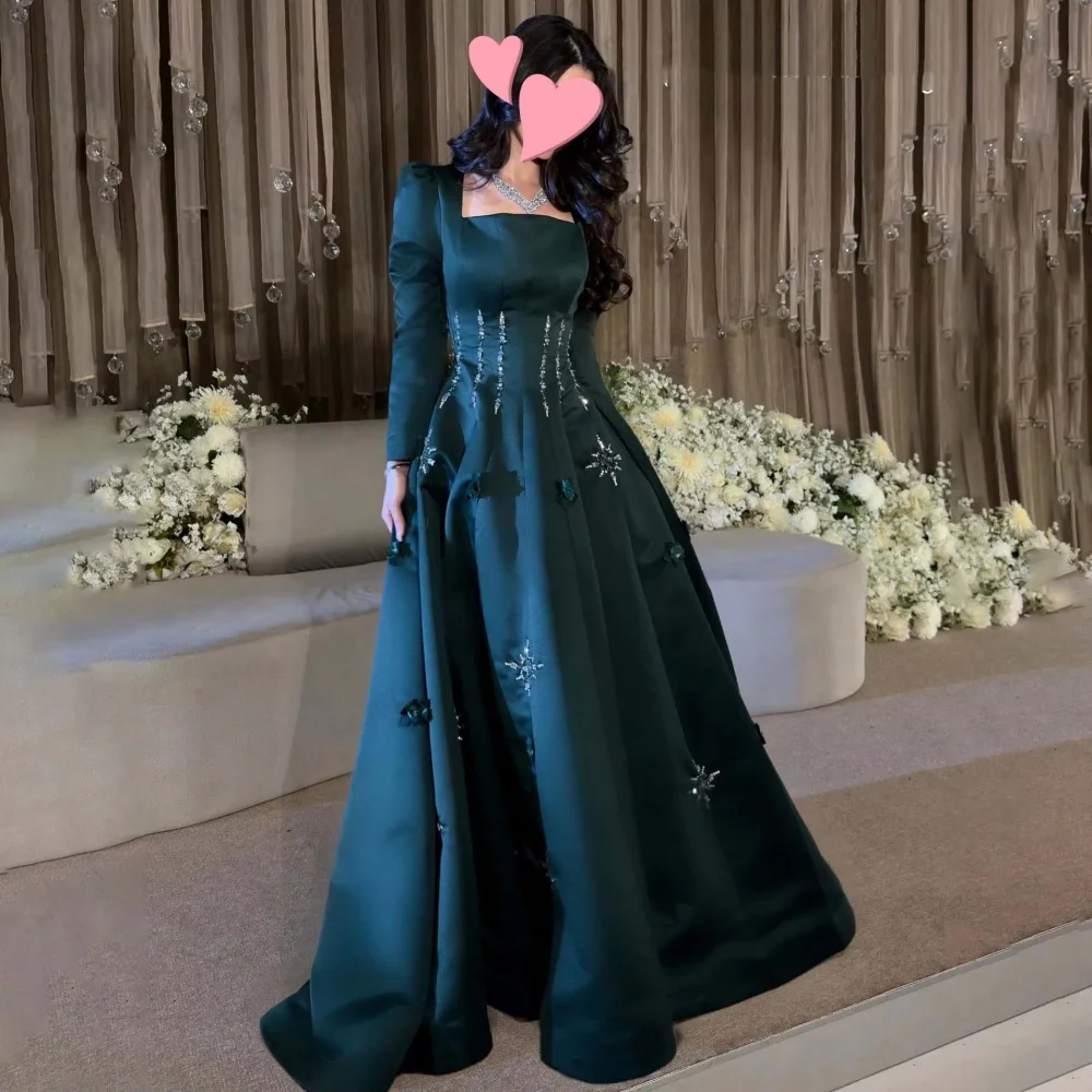 

Customized Exquisite Square Neck Women Prom Dress Sexy Full Sleeve Charming A-line Beading Party Dress Women Ruffle Evening Gown