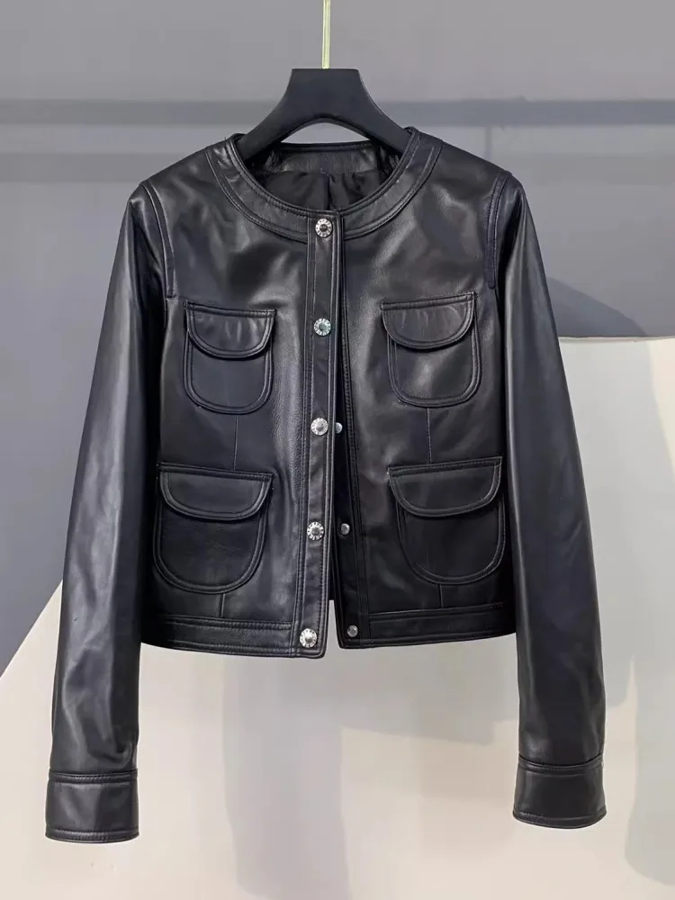 가을 신상 천연 가죽 여성 숏 재킷 라운드 넥 긴팔 재킷 탑 스트레이트 패션 코트 싱글 브레스티드 아우터웨어