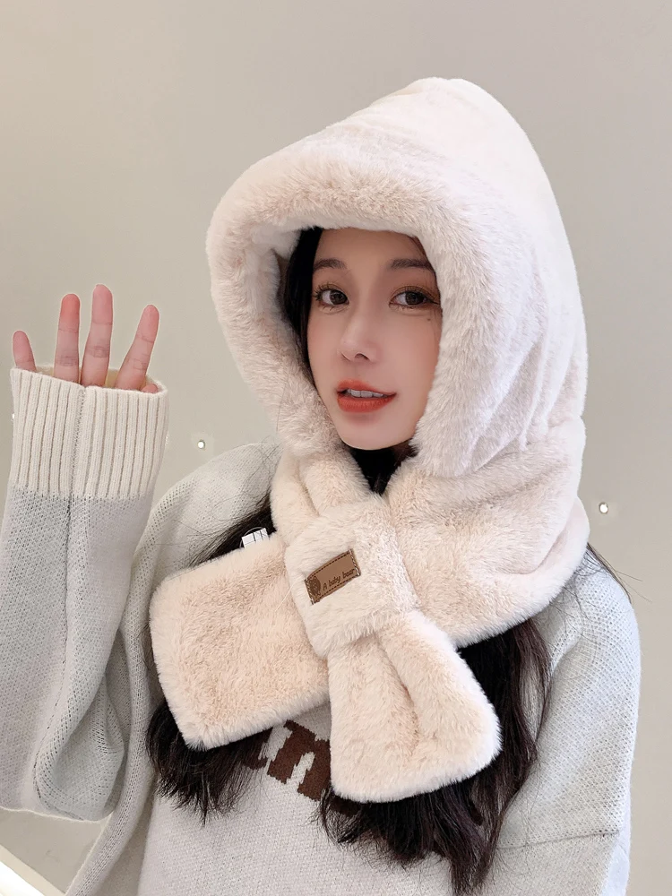 Scarf Hat Integrated Adult Style Autumn and Winter Warm Plush Thickened Imitation Rabbit Fur Cute Ear Protection Couple Style