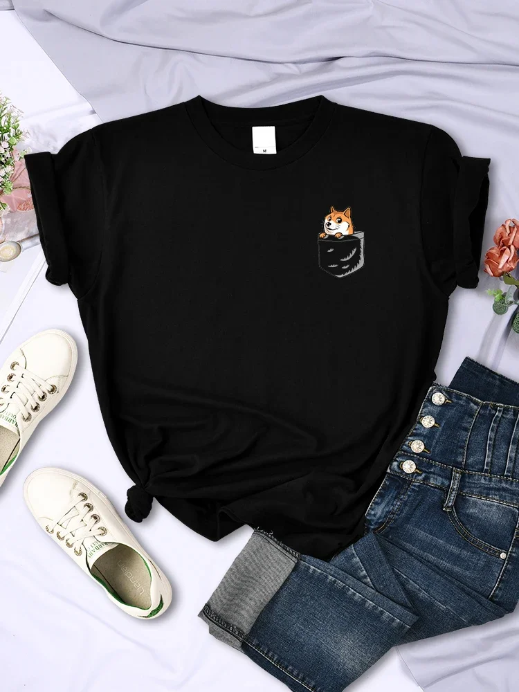 Pocket Chest Mark Shiba Inu Female Tee Clothing Hip Hop Personality Short Sleeve Street Fashion Tee Tops O-Neck Womens T-Shirts