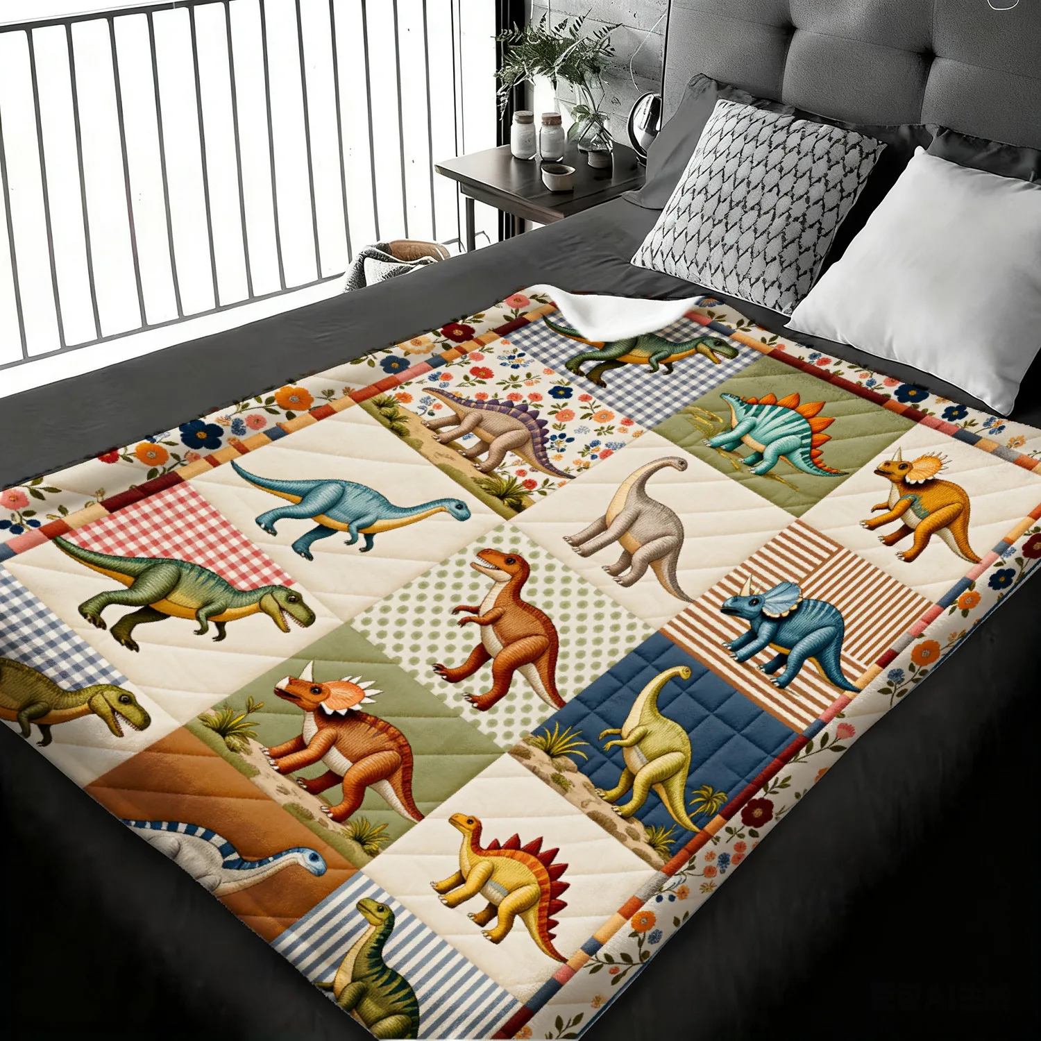 Dinosaur Print Throw Blanket with Vintage Floral Border, T-Rex Stegosaurus Triceratops, Soft Warm Decor Blanket for Bedroom