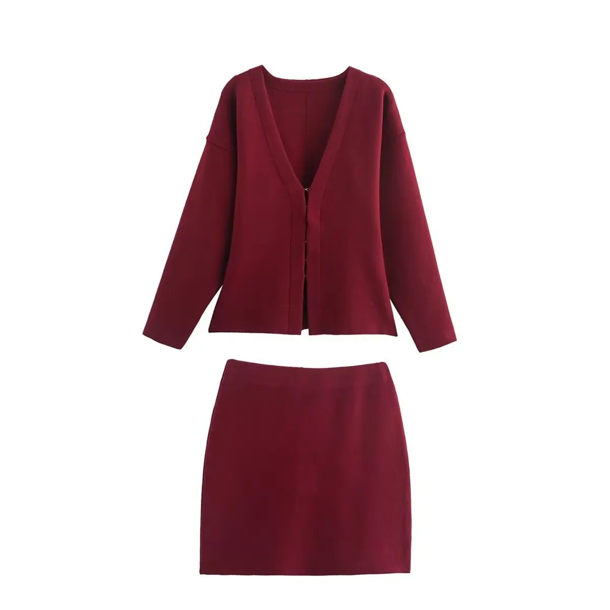 Women's Knitted Mini Skirt Set, 2-piece Casual Suit, Collar And Long Sleeves, Wine Red, Autumn 2024 2 Piece Sets Women Outfit