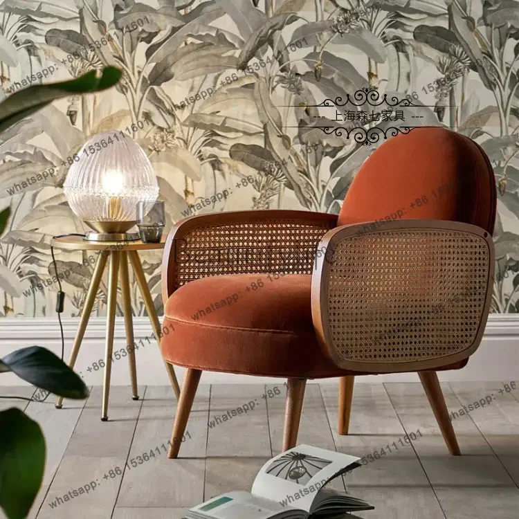 z.Nordic fabric single sofa chair small apartment solid wood braided rattan living room armrest leisure chair