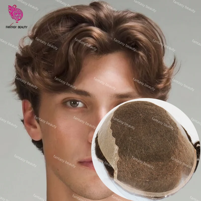 

Прочный Q6 Blonde Brown # 17 # Мужской парик из натуральных волос 1B65 1B80 (серый/черный) с дышащим швейцарским кружевом и отбеленными узелками