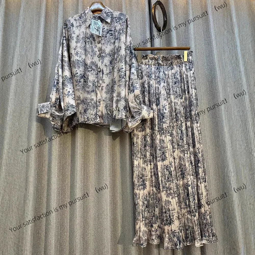 ZOCI-Women's Vintage Printed Loose Shirt Two-piece Set + Elastic Waist Pleated Wide Leg Pants Fashion Set