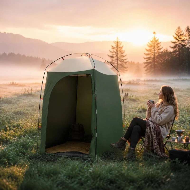 Tente de douche verte, structure stable et légère, montage rapide, espace intime spacieux, équipée d'ouvertures d'aération pratiques, conception portable facile à transporter, idéale pour le camping, les voyages en plein air et diverses activités extérieures