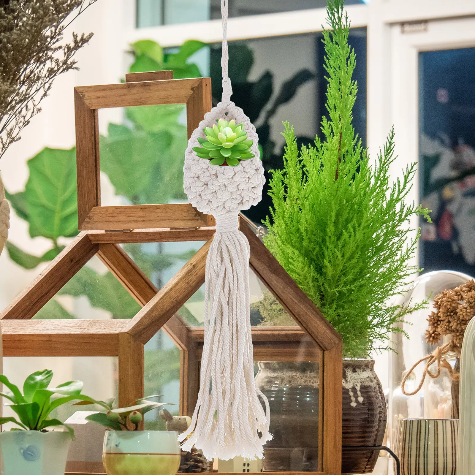 Bird Nest Shaped Woven Macrame Air Plant Hanger Hanging Flower Pot Boho Decorative Indoor Outdoor Wall Ceiling Basket for Living