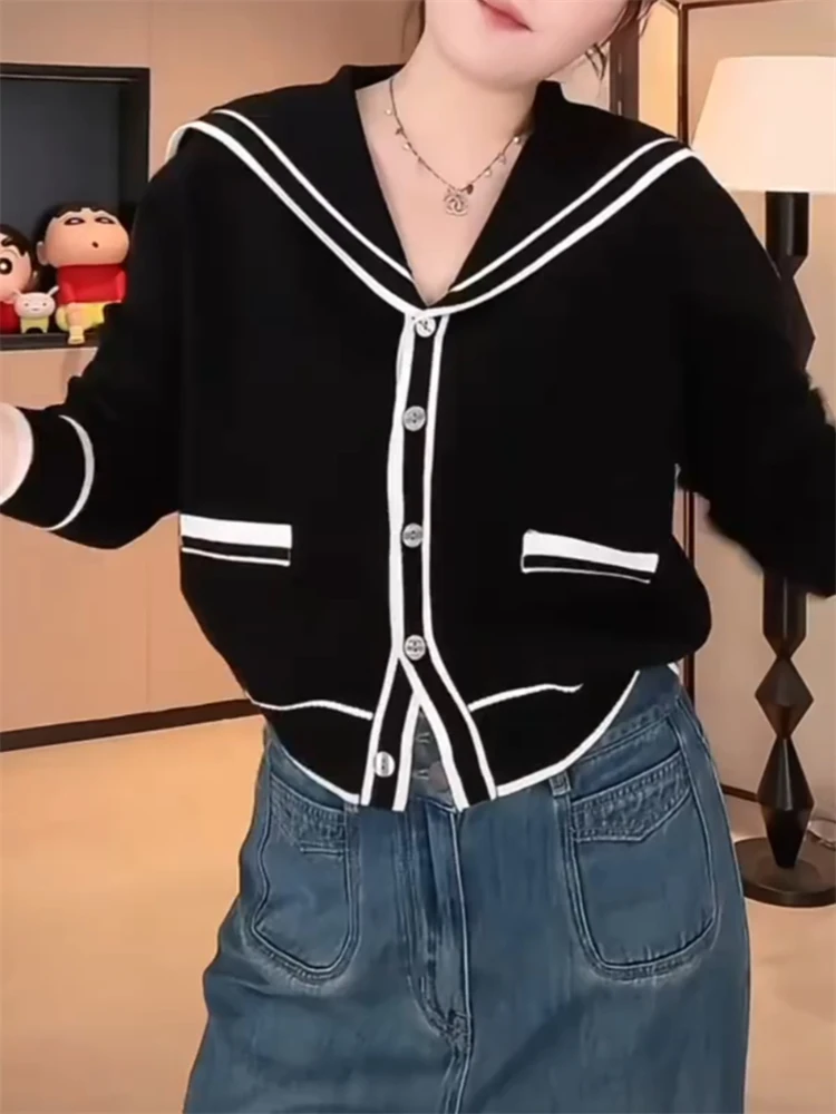 

Вязаный открытый кардиган большого размера, женский свободный утягивающий свитер, верхняя одежда, темно-синий воротник, осень-зима, элитный Sle Faion