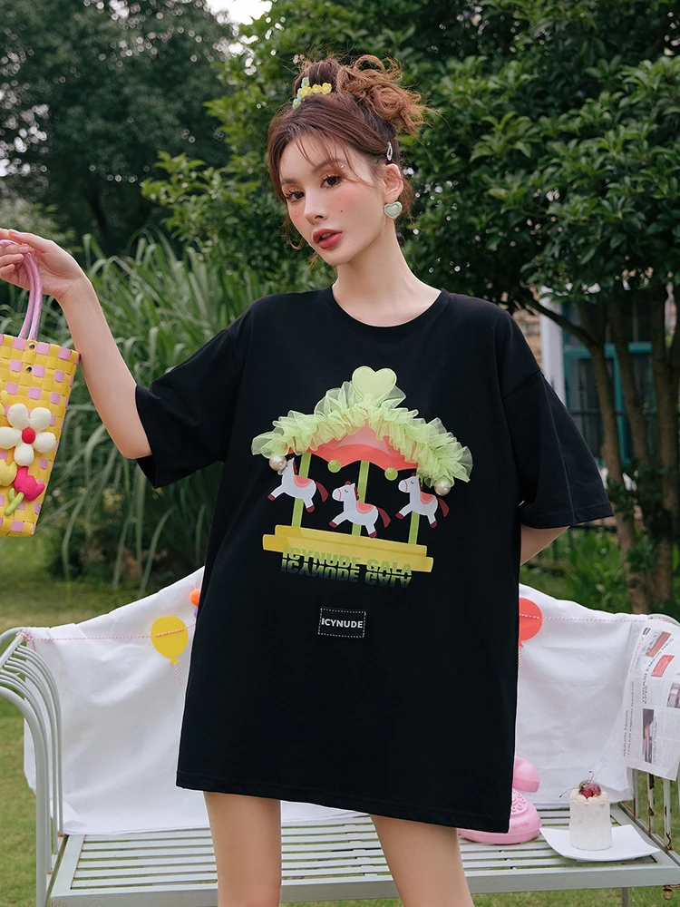 

IcyNude Store Rotating T-shirt Loose Casual Short Sleeve Summer New Style Women's Top Cotton Nylon Fiber round Neck