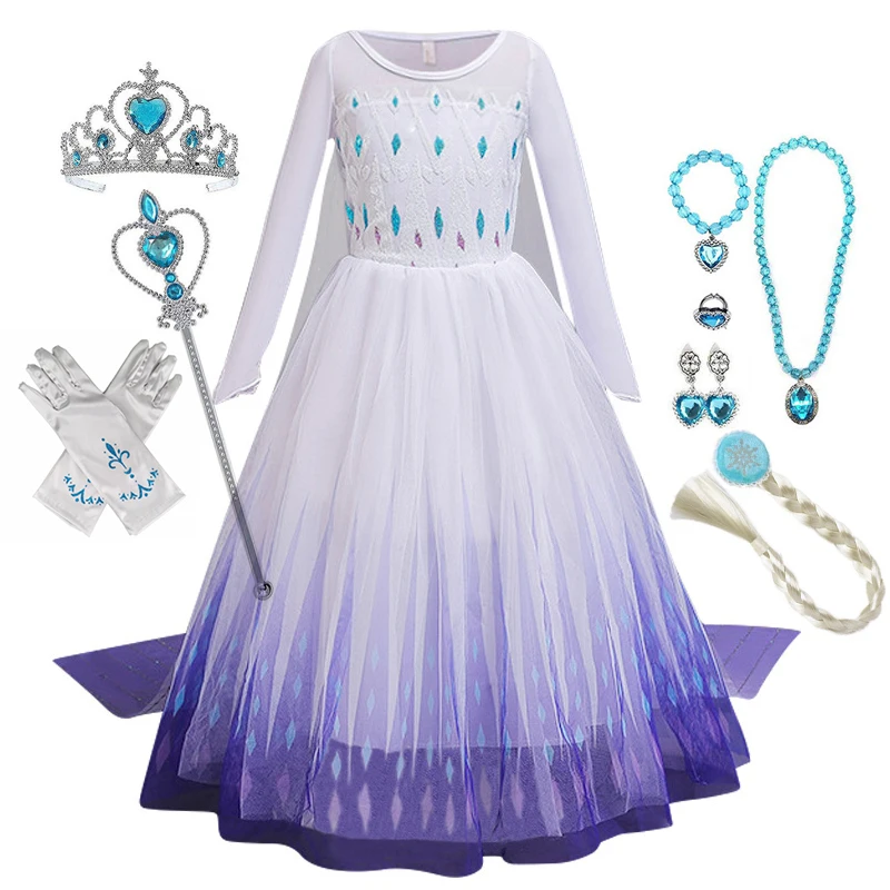﻿    فستان فروزن إلسا الأميرة للفتيات التنكري فستان ملكة الثلج بأكمام طويلة أبيض لحفلات إلسا ملابس الأميرة ملابس الأطفال