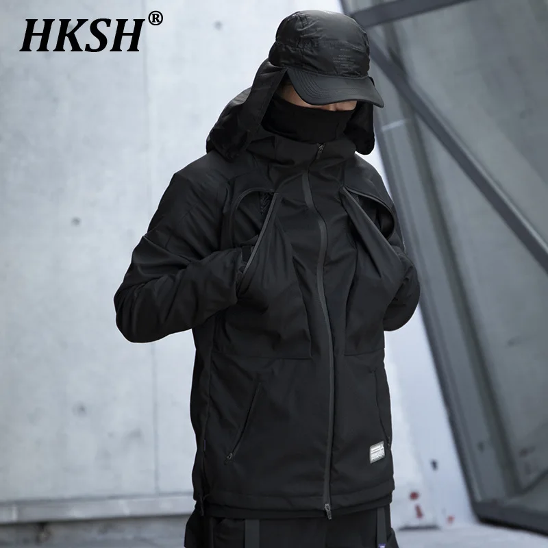 

HKSH Men's Tide Dark Punk Functional Assault Suit Ninja Jacket Hooded Multi Pockets Waterproof Tactical Techwear Coat New HK0170