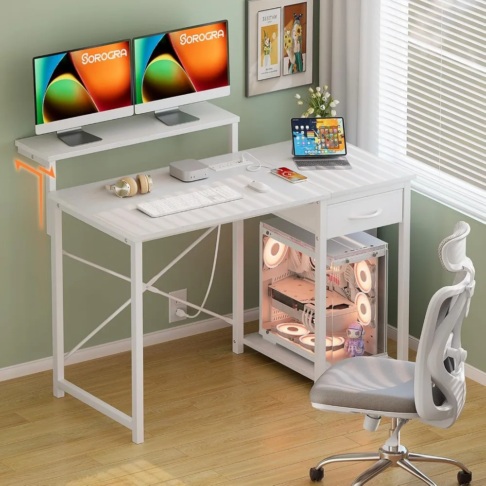 Adjustable Monitor Stand Desk, 47.2 Compact Office Desk with Reversible Shelves and Ample Workspace