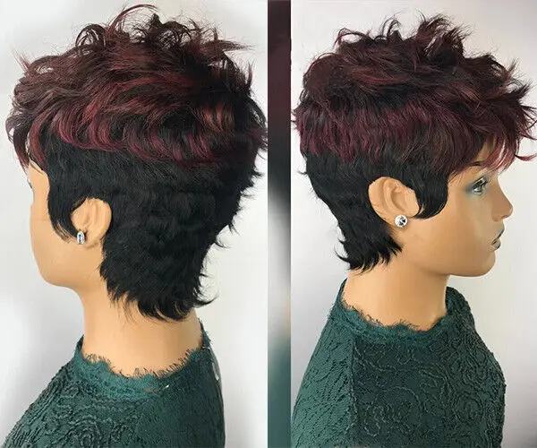 Short Human Hair Wigs with Bangs Pixie Cut  Burgundy Black Mixed Wave Hair