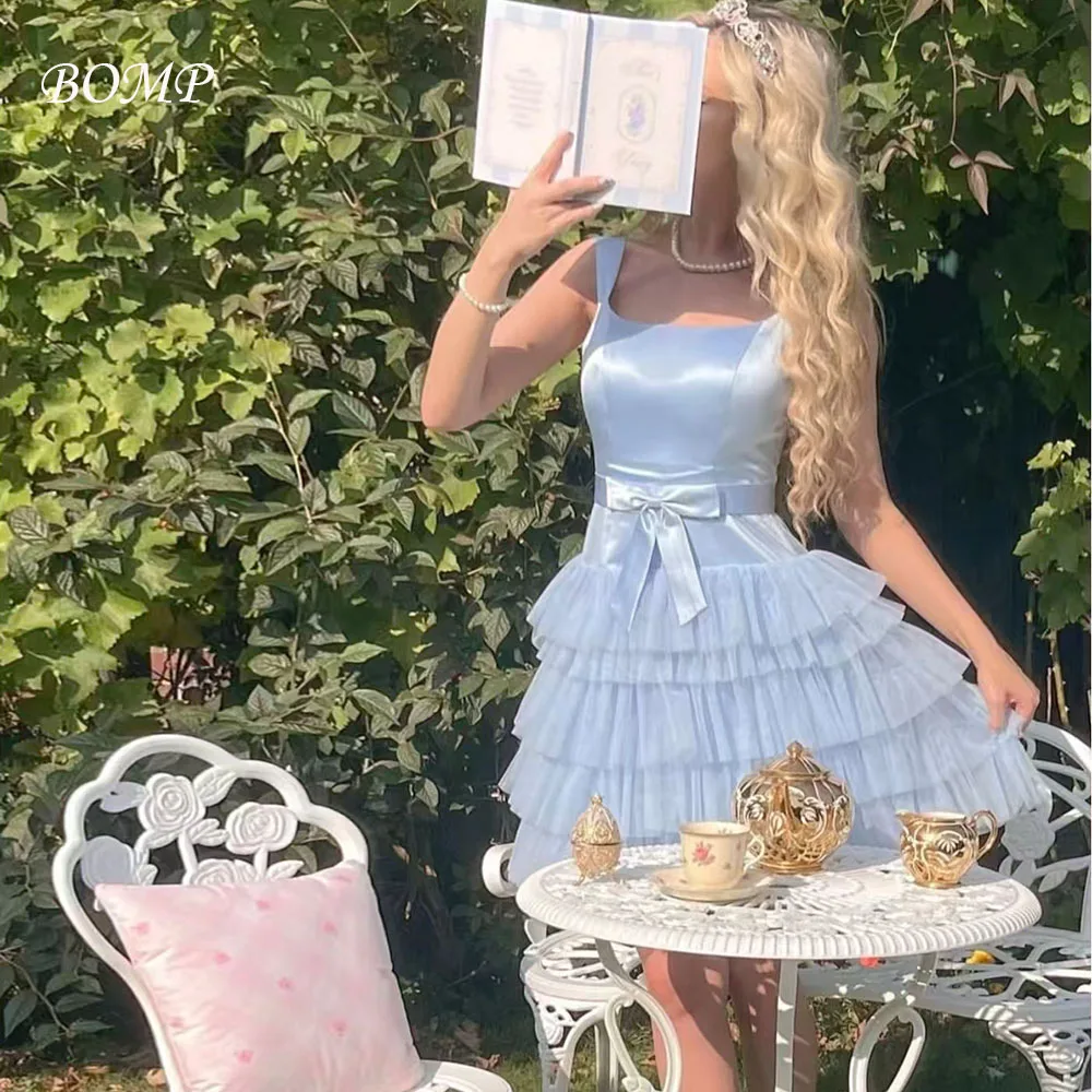 

BOMP Elegant Blue Wedding Party Dress Sweetheart A-Line Draped Tulle Birthday Dresses Photo Shoot Bridal Short Gown Custom