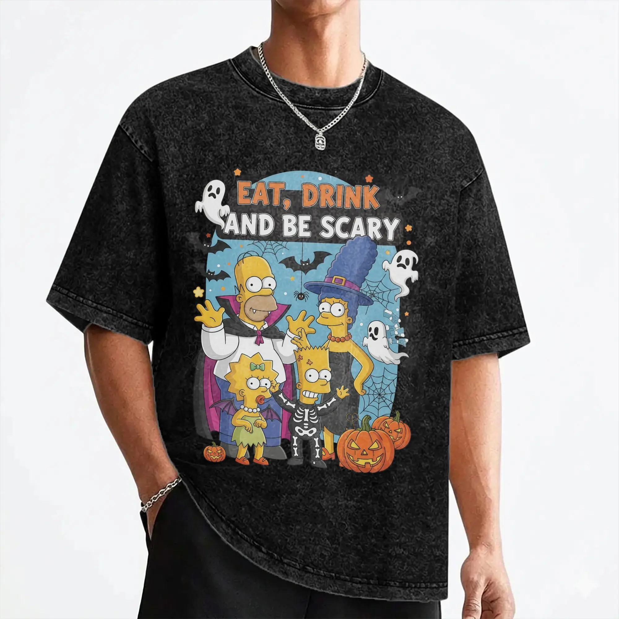 Cartoon S-Simpsons Halloween T Shirts Washed Short Sleeve Oversize T-Shirt  Novelty Men Women Streetwear Printed Tees
