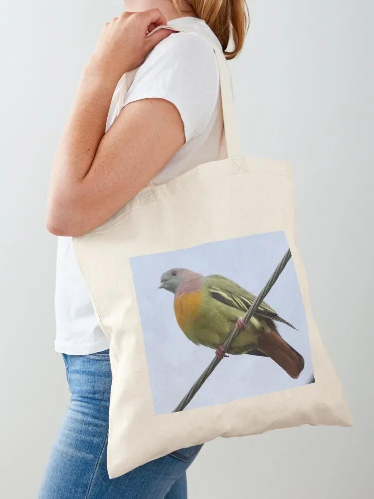 Pink-necked Green-Pigeon perched on wire Tote Bag tote bags cloth bags tote