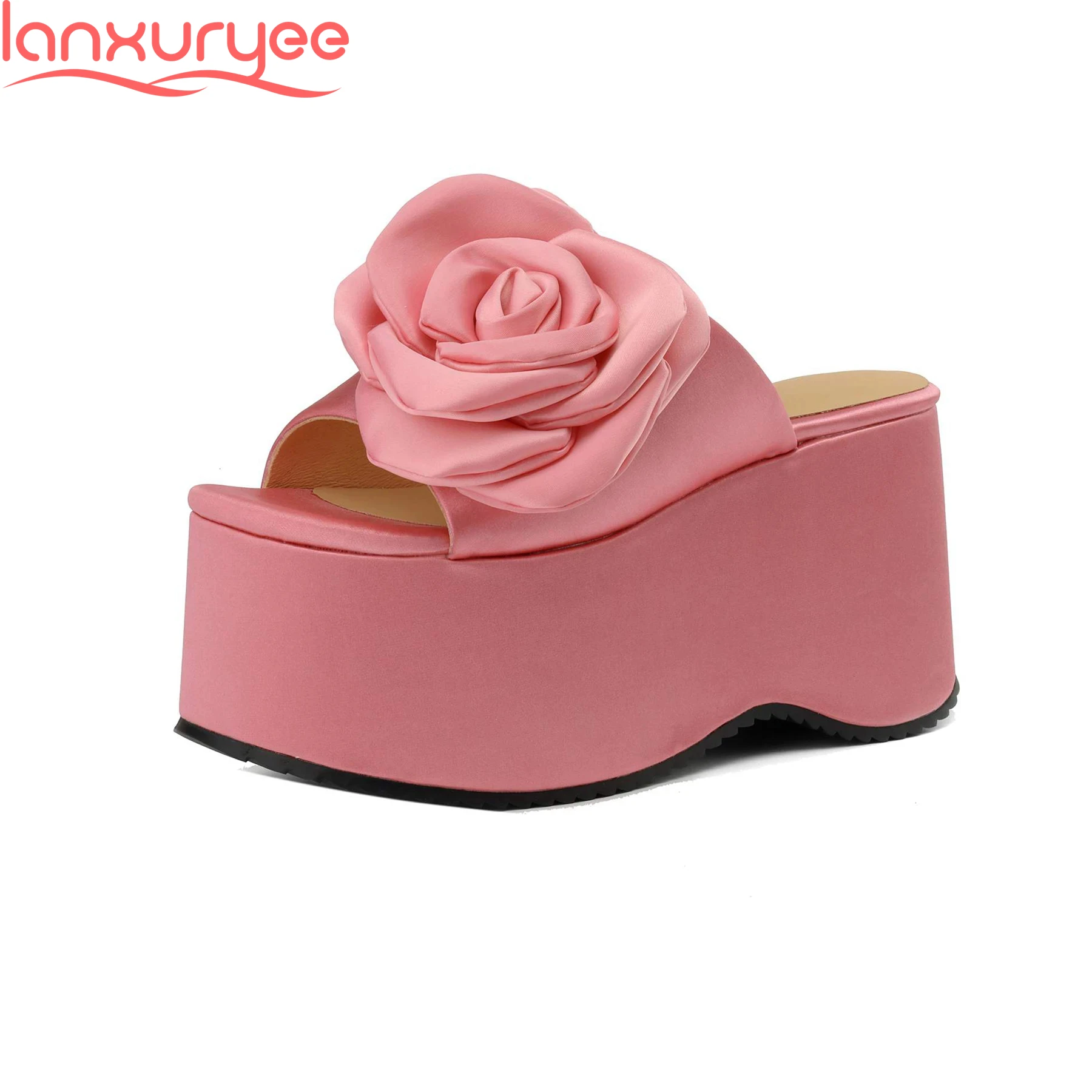 

Lanxuryee Super High Flower Fabric Thick Bottom Sweet Slingback Mules Wedges Summer Shoes vacation runway Platform Women Sandals