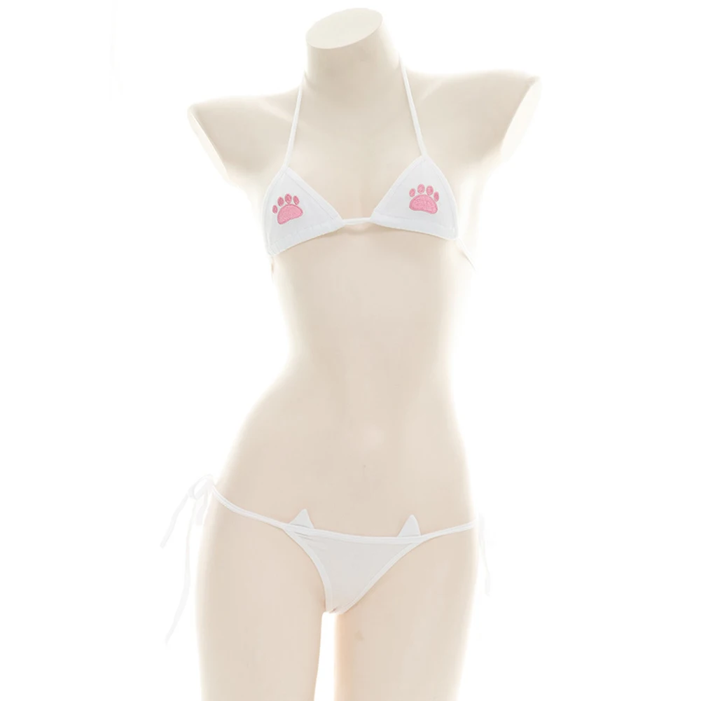

Women Cute Bikini Set Three Point Underwear Mini Bra Low Waist Thong Panties Suit Lace-up Lingerie Sexy Cosplay Swimwear