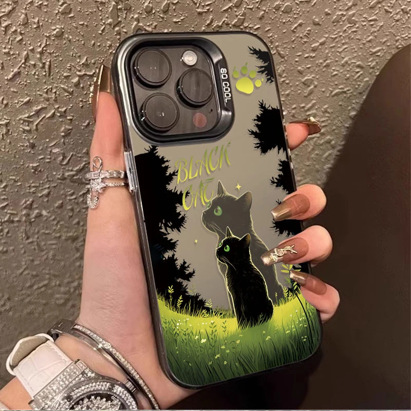 Fantastic Forest Black Cat Plating Phone Case for iPhone 16 ProMax 16 15 14 13 12 11 Pro Max XS X XR 8 7 Plus SE 2020 PC Cover