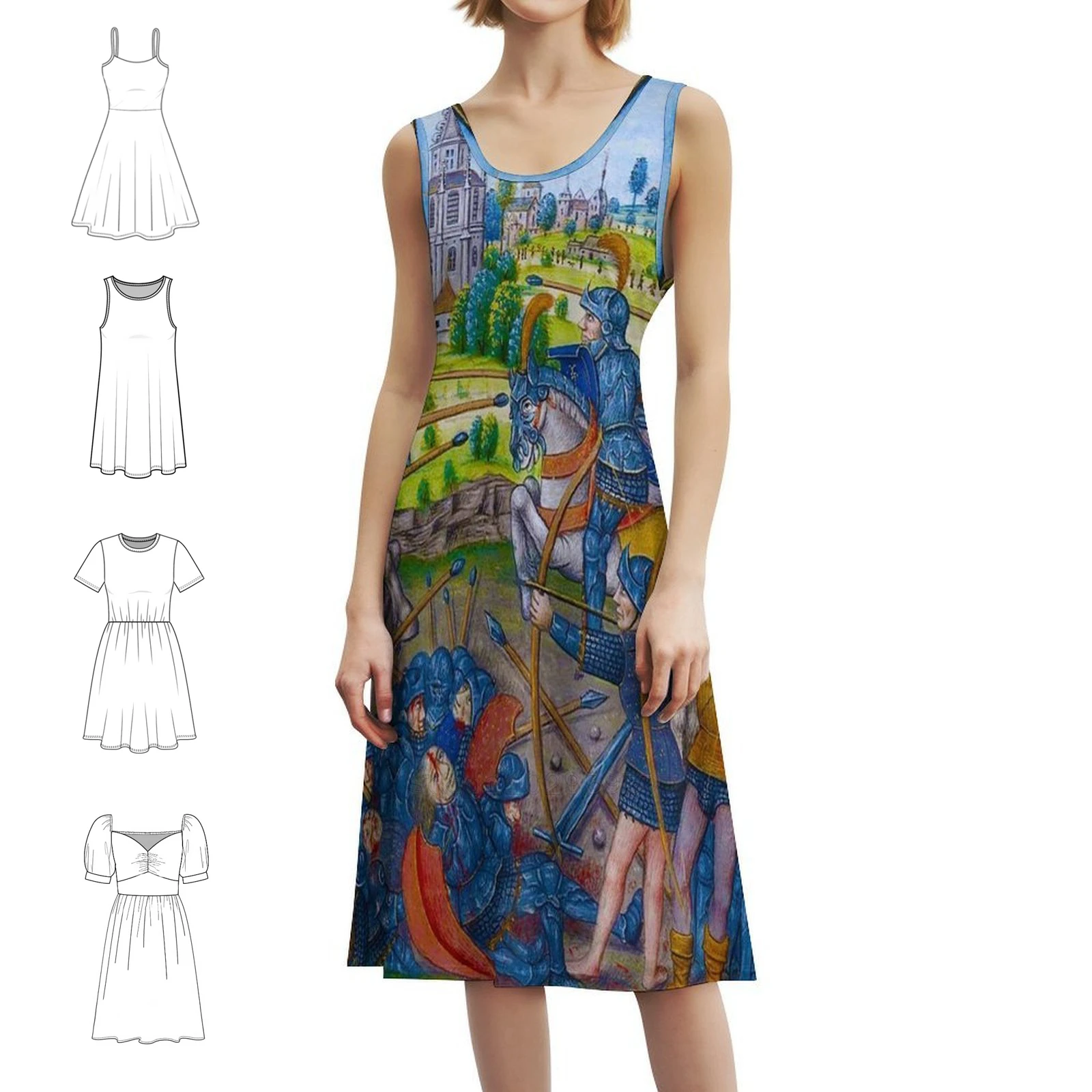 

Medieval Battle Bohemian Sleeveless Dress Multi-Print Beach Vacation Party Dress Battle Medieval Manuscript Knight King Womens