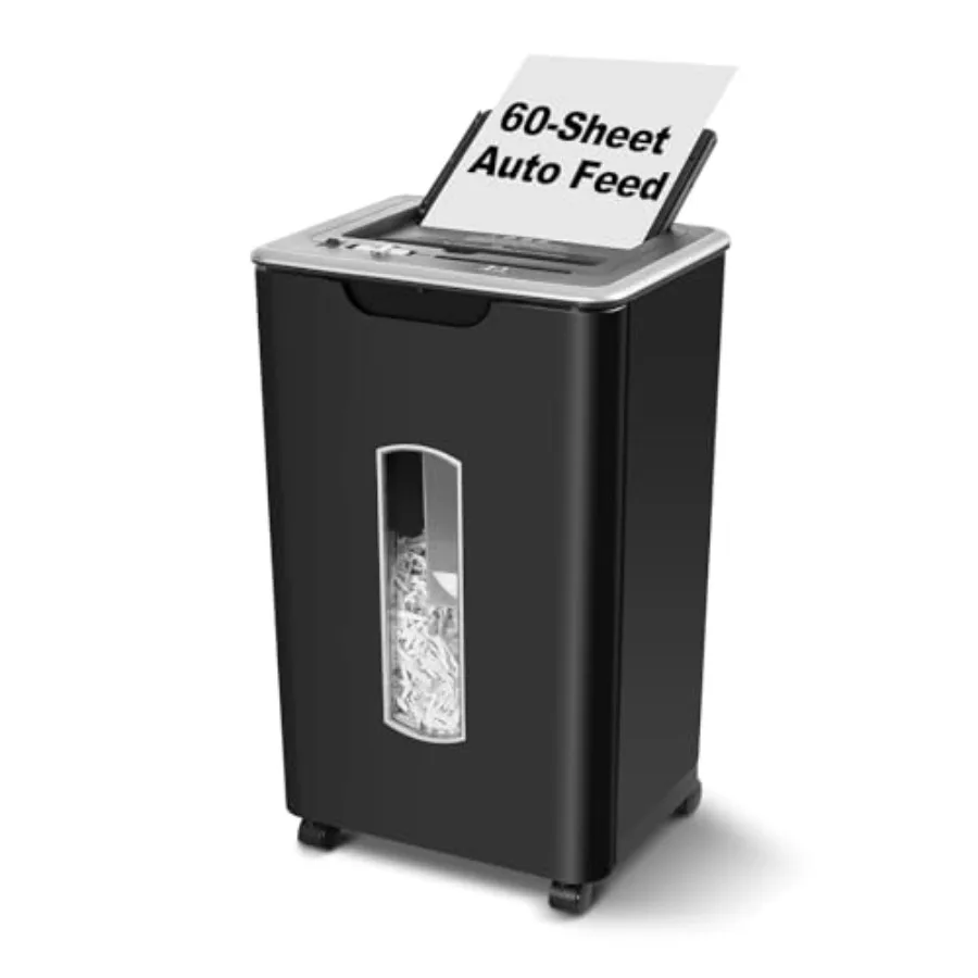 Home office paper shredder, steel blades, black, auto-feed 60-sheet cross-cut with anti-jam and dual modes, P-4 security, 5.8-g
