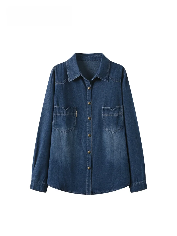 

Loose Ne Denim irt Women's plus Size Autumn Winter Faion Casual Sle Cotton Polyester Blend Single Button Closure