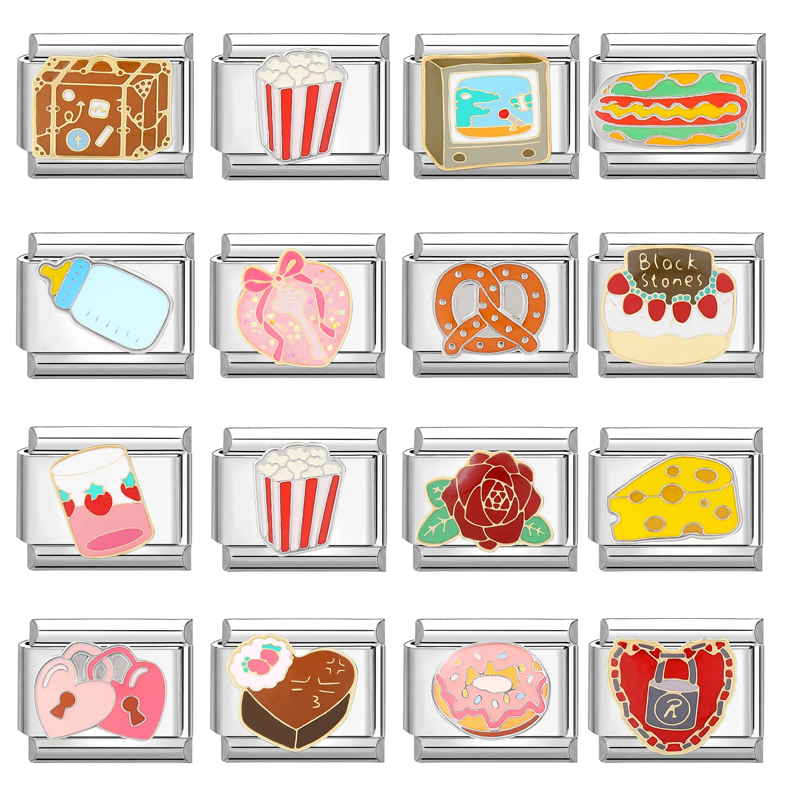 

New Women Romantic Heart Strawberry Milk Cake Charm Italian Links Fit 9MM Bracelet Stainless Steel DIY Making Jewelry Gifts